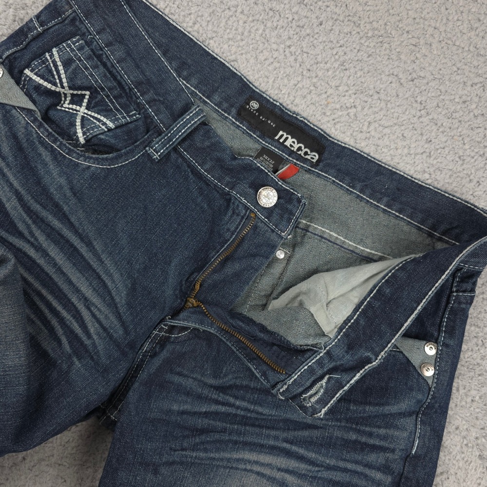 Mecca USA Jeans Mens 36x27 Blue Denim Relaxed Fit Embroidered Pockets Y2K VTG